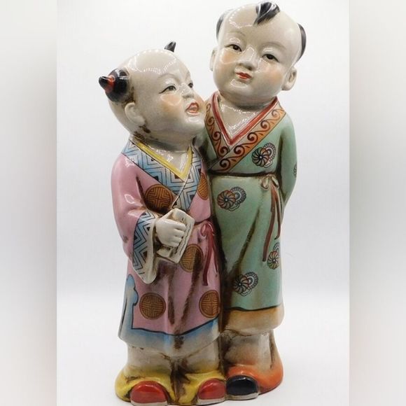 Vintage Antique Japanese Porcelain Polychrome Kutani Imari Double Statue 14"Tall - Picture 2 of 9